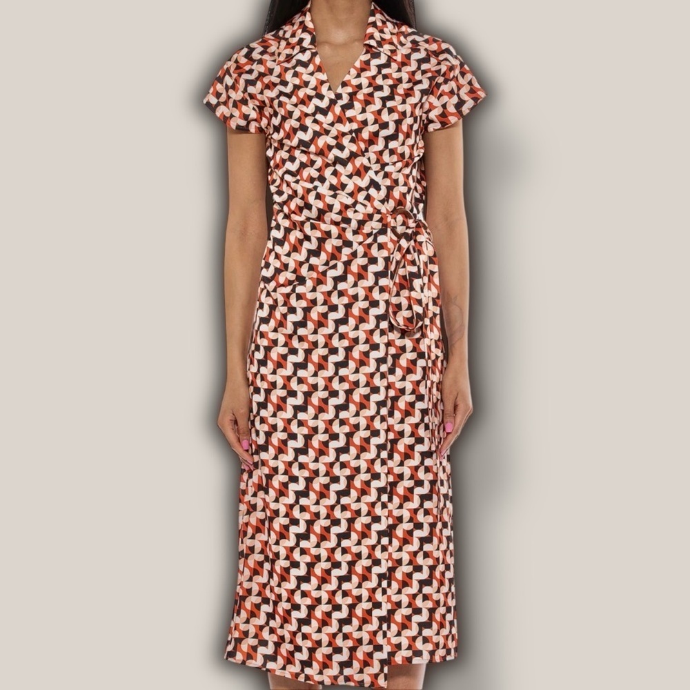 NWT Alexia Admor ‘Paris Surplice Wrap Midi Dress’ in “Brown Geo” Print Size 2